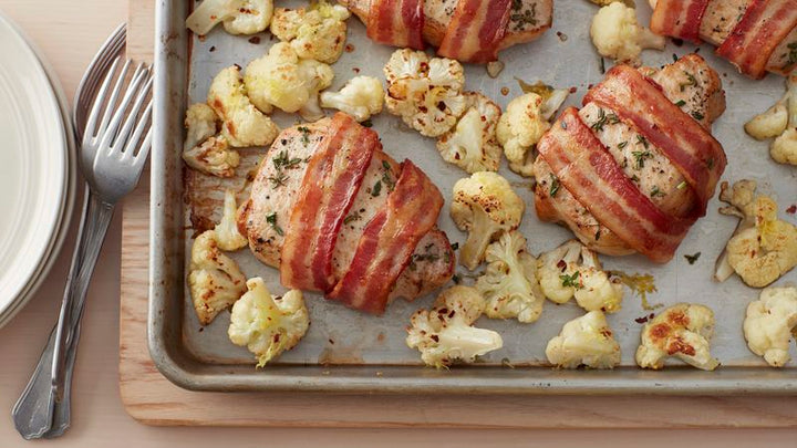 Bacon Wrapped Chicken with Roasted Cauliflower & Zucchini