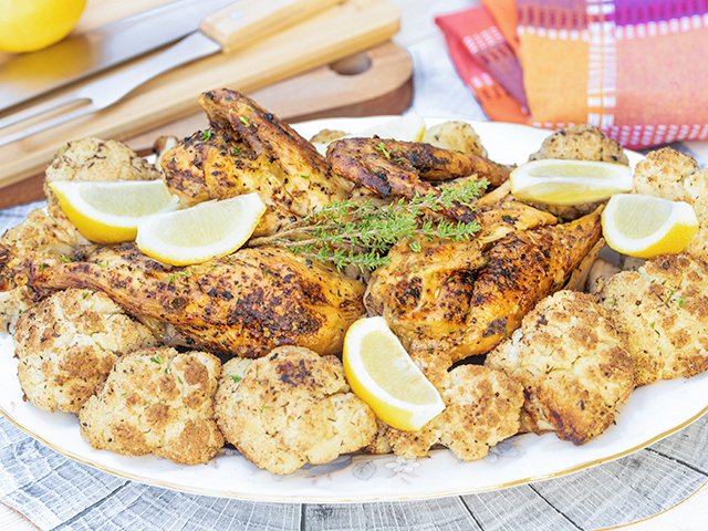 Baked Lemon Chicken with Roasted Garlic Cauliflower